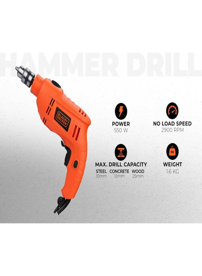 BLACK+DECKER TB555-B1 550W 10mm Corded Variable Speed Reversible Hammer Drill, Ergonomic Design, Lock-Speed Button, For Home & DIY Use for Masonry, Steel & Wood, 1 Year Warranty, ORANGE - Image 2